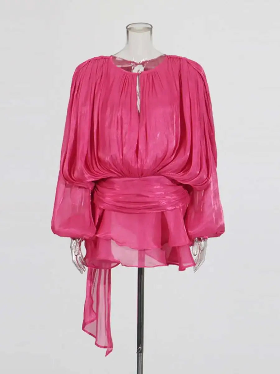 TWOTWINSTYLE Solid Blouse Mini Dresses For Women V Neck Long Sleeve Spliced Lace Up Sweet Style Dress Female Clothing Fashion - Matrix-studios.com