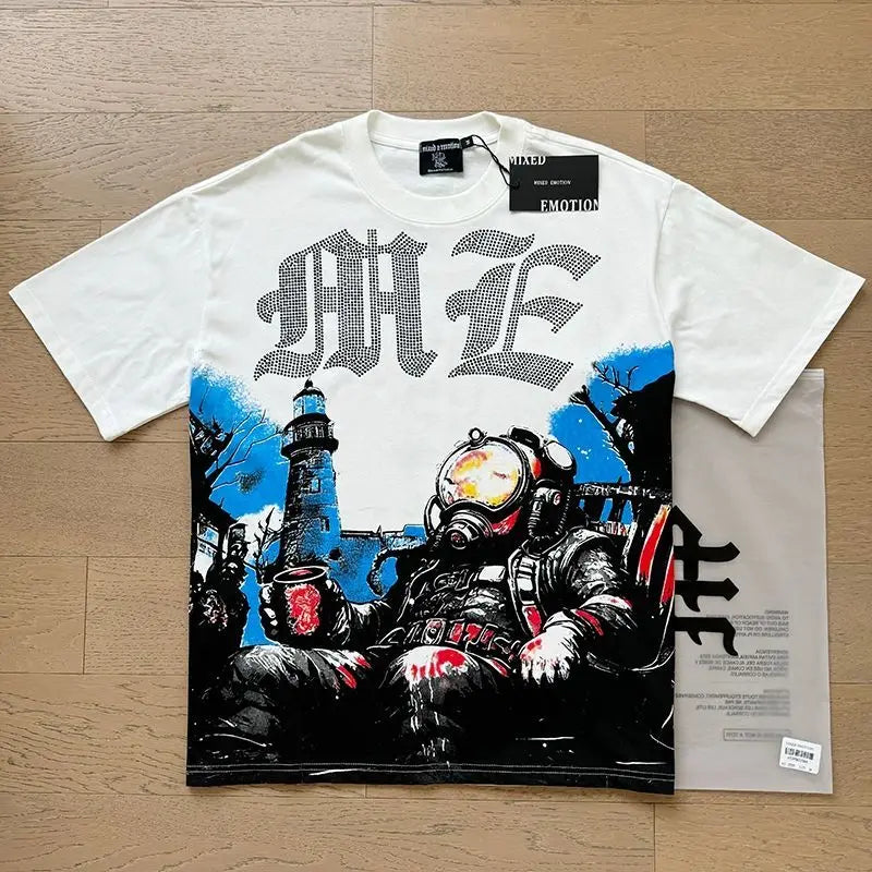 MIXED EMOTION Shirt Rhinestone Short Sleeve Men Women T-shirt Streetwear 100% Cotton Loose Round Neck Top Tees Oversized Tee Top - Matrix Studios