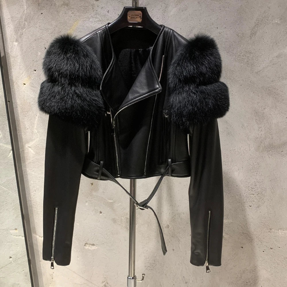 Leather Jacket Factory Ladies Short Leather Jacket Real Fox Fur Sleeve Coat Women Autumn 21001 - Matrix Studios