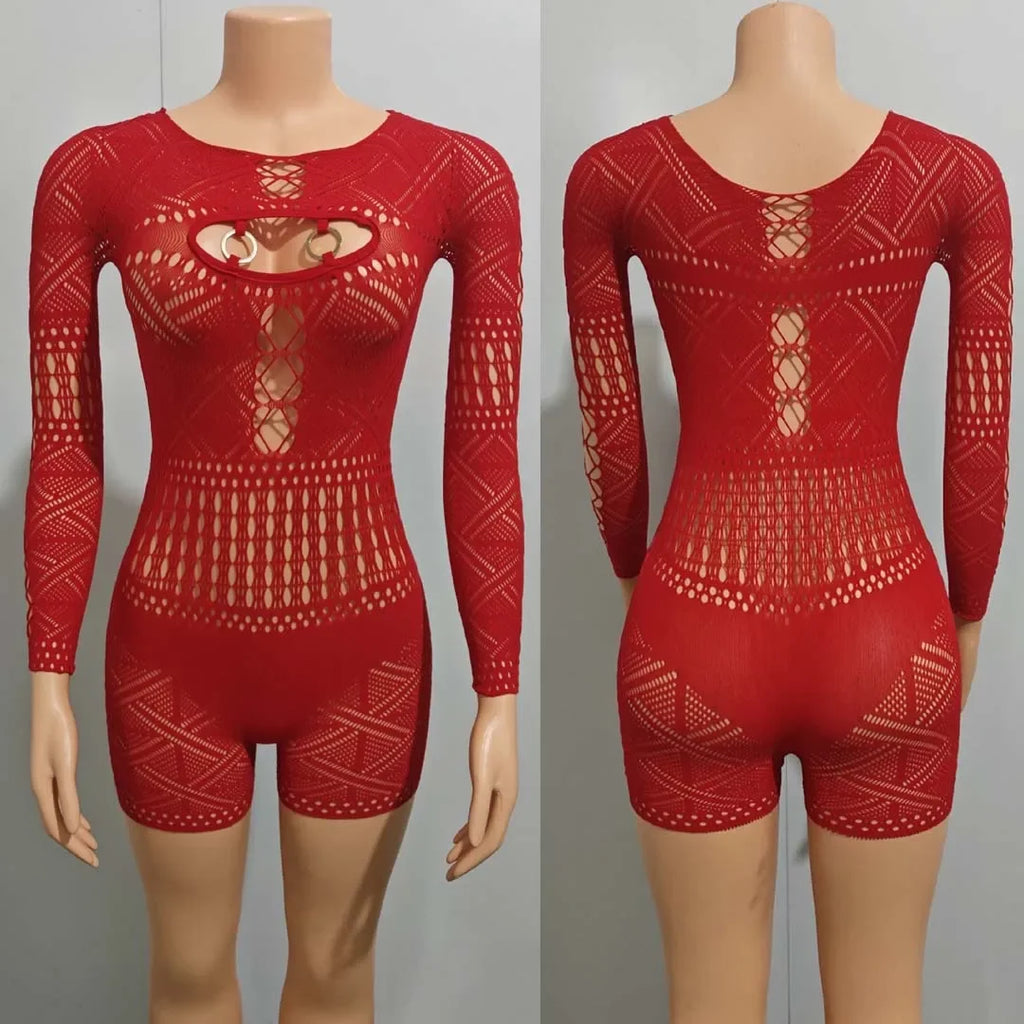 Women's Sexy Long Sleeve Jumpsuit See Through Outfit Sheer Mesh Hollow Out Night Club Short Romper - Matrix Studios
