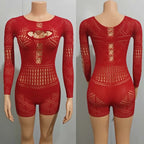 Women's Sexy Long Sleeve Jumpsuit See Through Outfit Sheer Mesh Hollow Out Night Club Short Romper - Matrix Studios