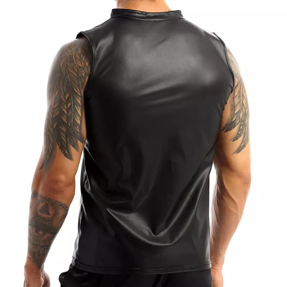 Men's Leather Vest Elastic Fashion PU Leather T-Shirts Biker's Tank Tops Streetwear - Matrix Studios