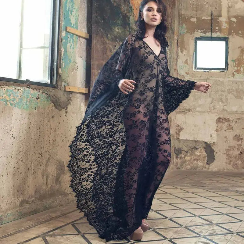 Sexy Lace Beach Bikini Cover Up Robe Pareo Beachwear Swimwear Women Dress Black White Swimsuit Hollow Out See-through Vacation - Matrix Studios