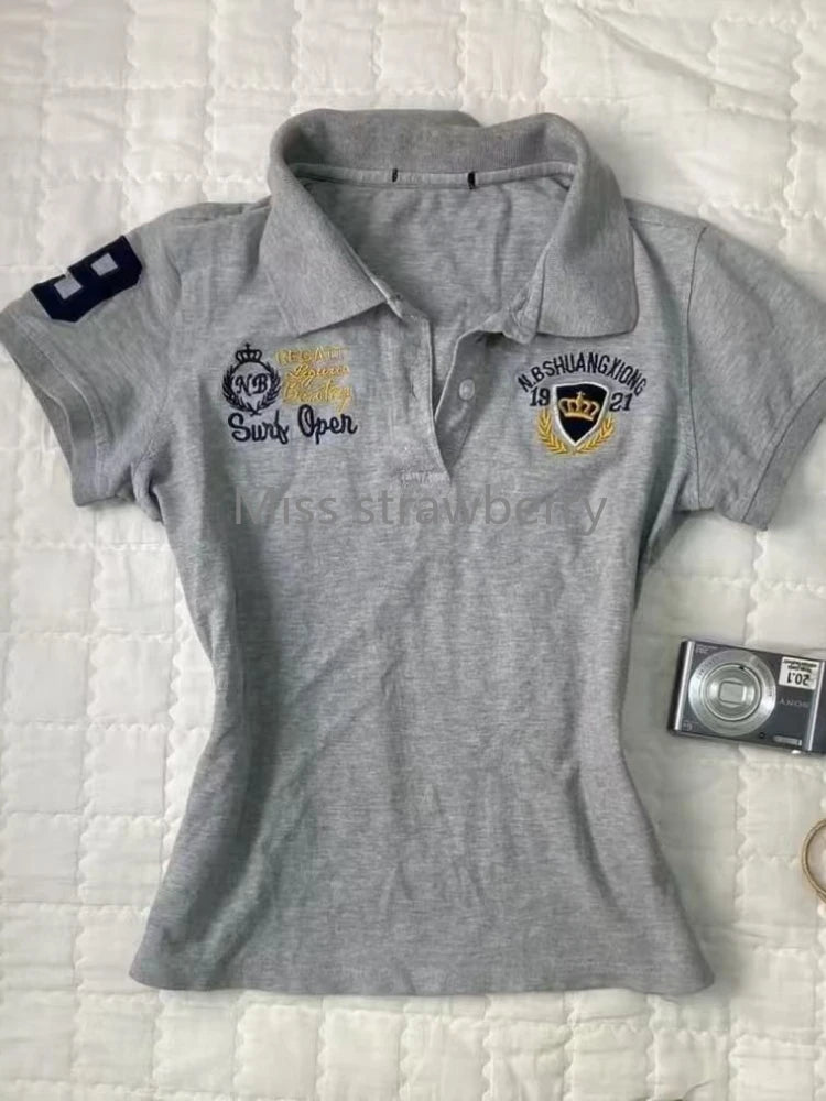 Embroidered Shoulder Polo Neck Short Sleeve T-shirt Female Summer Design Hot Girl Vintage Preppy Style Short Thin Tees Outfits - Matrix-studios.com