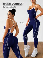Women Contrast Piping Yoga Jumpsuit Thin Strap Open Back One Piece Workout Bodysuit High Elastic Slim Fitness Gym Sports Rompers - Matrix Studios