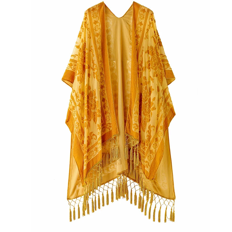 WeHello Burnout Velvet Kimono For Women Luxury Fashion Long Cardigan With Tassel Beach Cover-up Holiday Cardigan Shawl - Matrix Studios