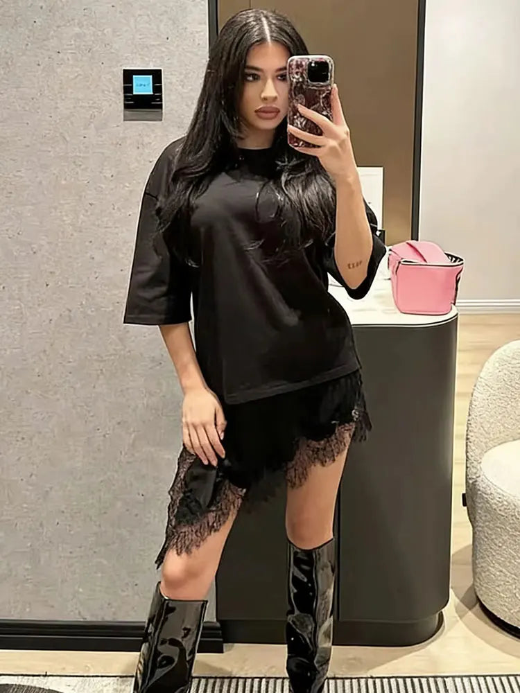HH Women Vintage Solid Lace Patchwork T-Shirts Asymmetrical Hem O Neck Short Sleeve Shirt 2026 Trend High Street Lady Chic TEES - Matrix-studios.com