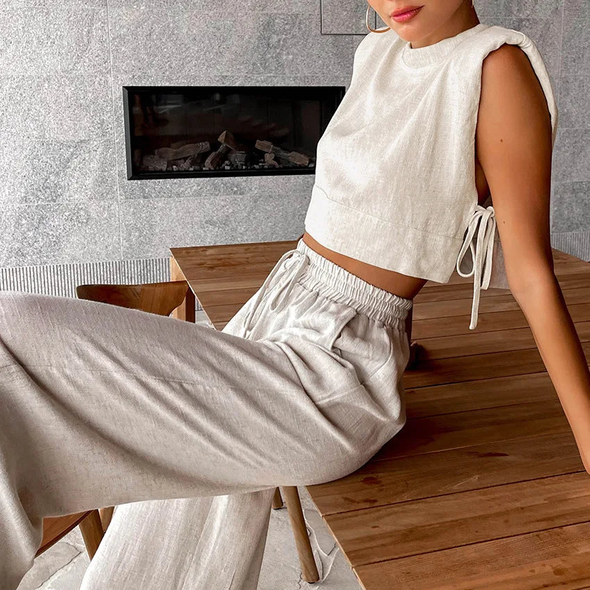 Spring Summer 2025 Women Holiday Linen Pant Set Crop Tops Solid Outfits 2 Two Piece Matching Set For Women - Matrix-studios.com