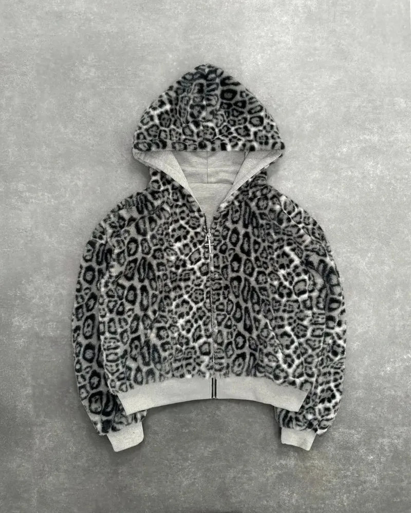 Hip-hop New Two-sided Clothing Harajuku Retro Leopard Print Fashionable Loose Zipper Hoodie Men Street Casual Sweatshirt Women - Matrix Studios