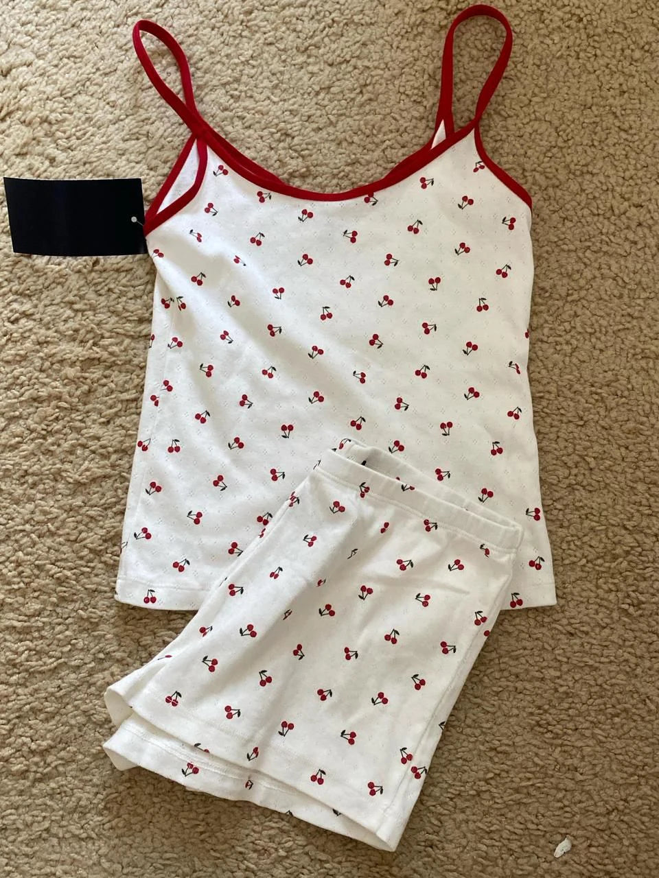 Strawberry Vest Shorts 2 Pieces Set Woman Eyelet Bow Slim Tank Top with Elastic Waist Patchwork Straight Short Pant Sweet Sets - Matrix-studios.com