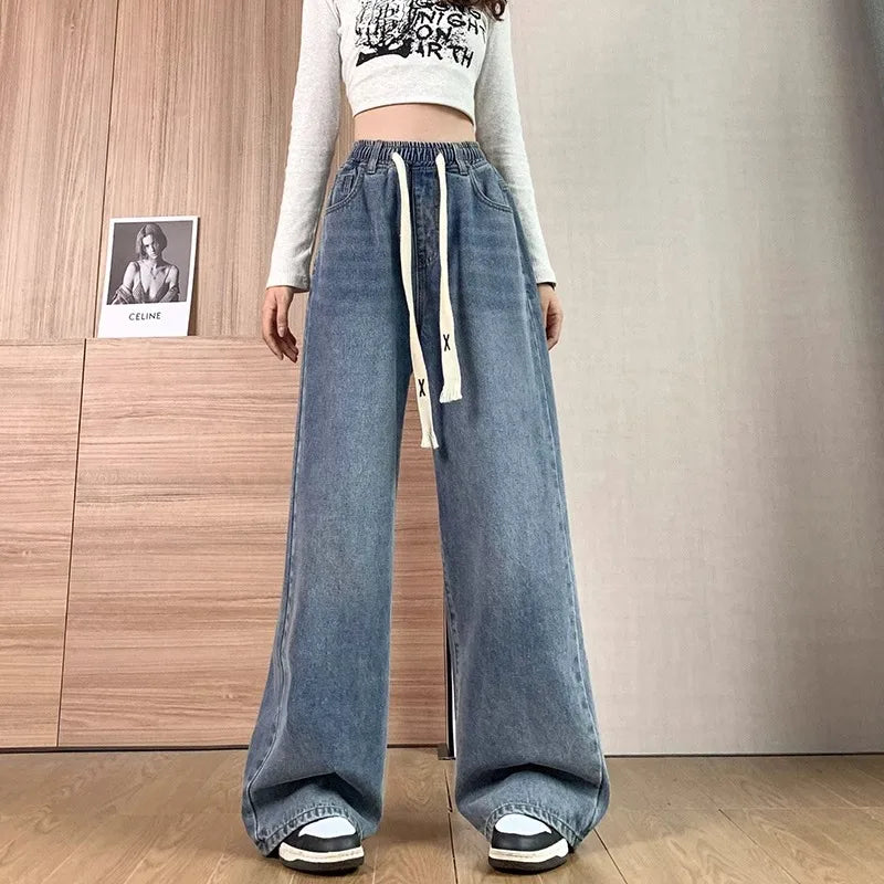 Loose Fit High Waist Wide Leg Jeans Women plus Size Light Blue Elastic Waist Dstring Trousers Autumn Faion plus Size - Matrix-studios.com