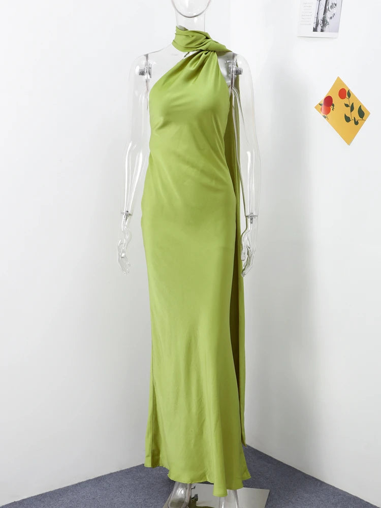 Elegant Ribbon Halter Dress Women Solid Off Shoulder Sleeveless Backless Slim Maxi Dresses 2025 Summer Autumn Party Robes Lady - Matrix-studios.com