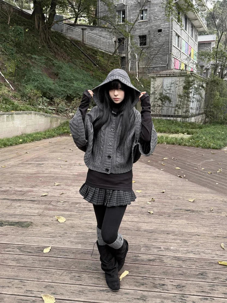 2026 Autumn Winter Women's Y2K Goth Knit Cardigan Harajuku Retro Millennium Aesthetics Single-Breasted Open-Flap Hooded Sweater - Matrix Studios