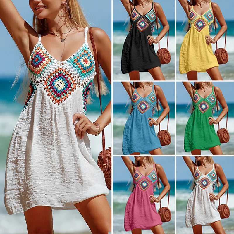 Crochet Knitted Splicing Colorful Pattern V Neck Tunic Beach Wear Hollow Bikini Cover Up Dress Beach Wear Sarong Swimsuit - Matrix Studios