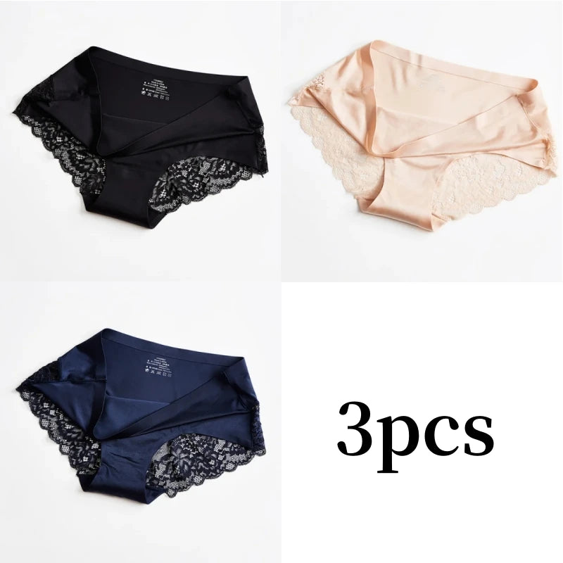 3pcs Lace Women's Panties French Seamless Underwear Female Ice Silk Briefs Solid Color Breathable Underpants Lingerie - Matrix Studios