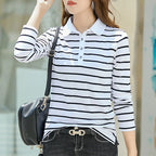 Flip collar striped t-shirt for women's spring and autumn new fashionable long sleeved polo shirt for women's pure cotton shirt - Matrix-studios.com