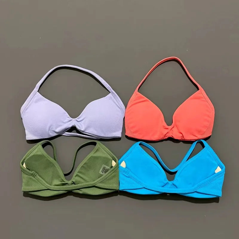 HISTELLO Strappy Bra Gym Top Women High Support Thin Strap Halter Sports Seamless Bras Scrunch Push-up Workout Yoga Tank Tops - Matrix Studios