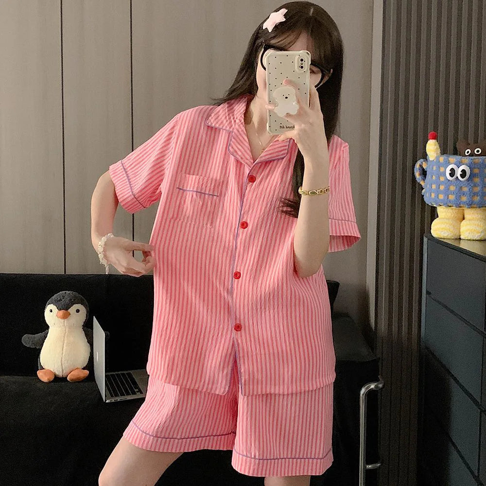 Summer 2026 New Short-Sleeved Shorts Pajamas Women's Cartoon Cute Girl Cardigan Set Ladies Sleepwear Breathable Homewear - Matrix-studios.com