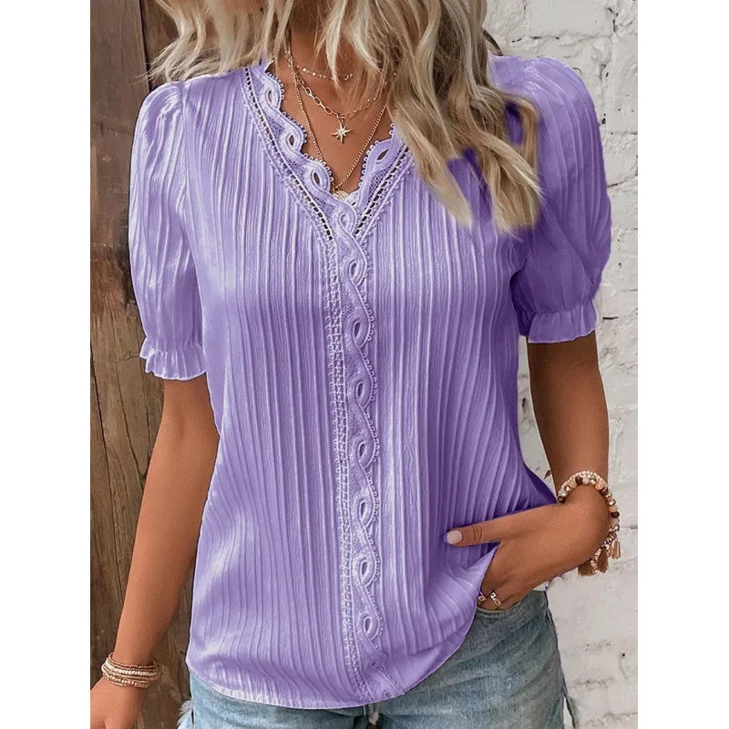 Women's Lace Stitching Shirt Summer Loose V Neck Short Sleeve Pullover Chiffon Shirt Solid Top Simple Elegant Street Blouse - Matrix-studios.com