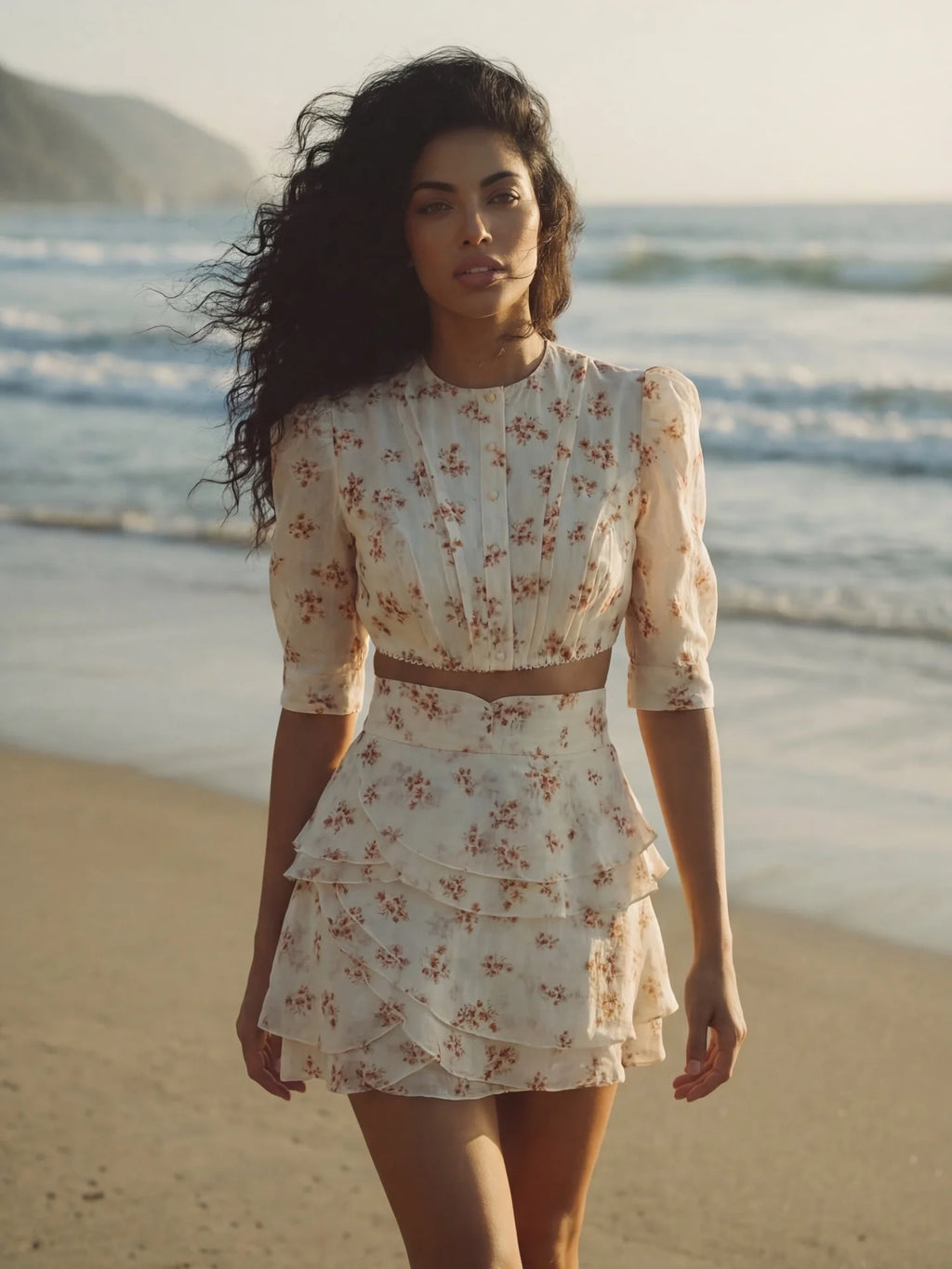Women's Floral Print Two Piece Set 2026 New Women Puff Sleeve Crop Top + Tiered Ruffle Mini Skirt Casual Vacation Party Outfit - Matrix-studios.com
