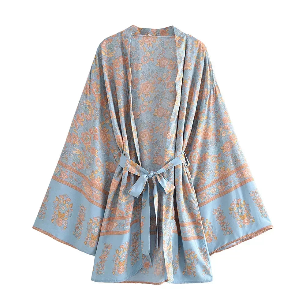 Boho Queens Multi Floral Print Sashes Kimono Women Batwing Sleeve Bohemian Bridesmaid Robe Vacation Beach Boho Bikini Cover-ups - Matrix Studios