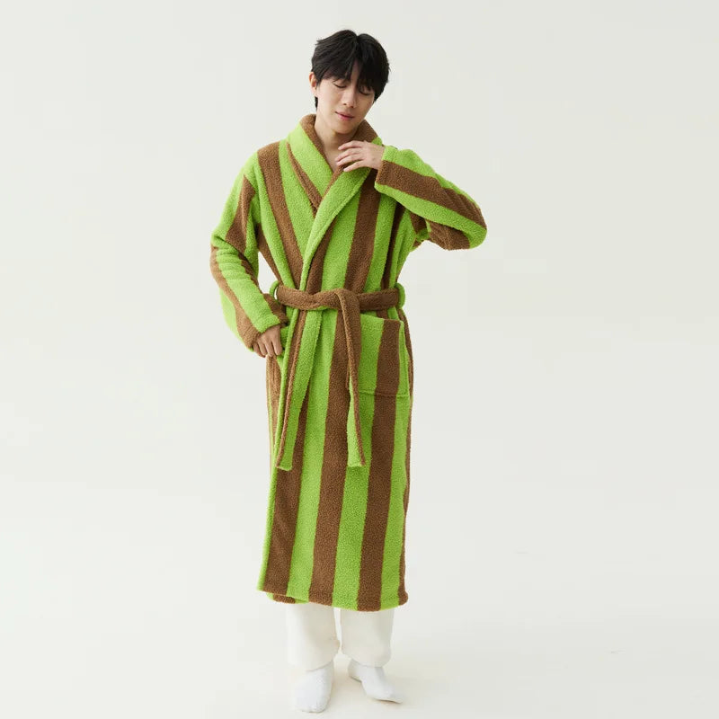 2025 New Autumn/Winter Women's Sleepwear Thick Velvet Warm Robe Couple Coral Velvet Striped Lengthed Home Clothes Bathrobe - Matrix-studios.com