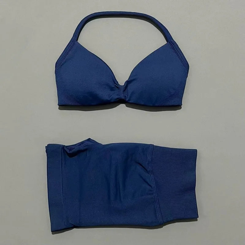 HISTELLO Gym Set 2 Piece Women Strappy Yoga Bra Top Workout Scrunch Shorts Sports Suit Fitness Clothes Seamless Yoga Set - Matrix-studios.com