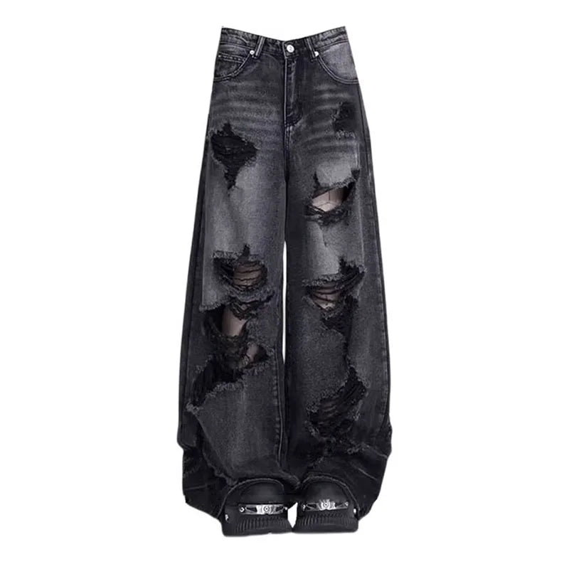 High Street Vintage Black Ripped Jeans Fashion Wide Leg Pants Women'S High Waisted Straight Leg Pants Baggy Pants Y2k Jeans - Matrix-studios.com