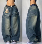 American Trend Retro Gothic Embroidery Graphics Washed Baggy Jeans Women's Y2K New Harajuku Hip-Hop Punk Rock Couple Street Wear - Matrix Studios