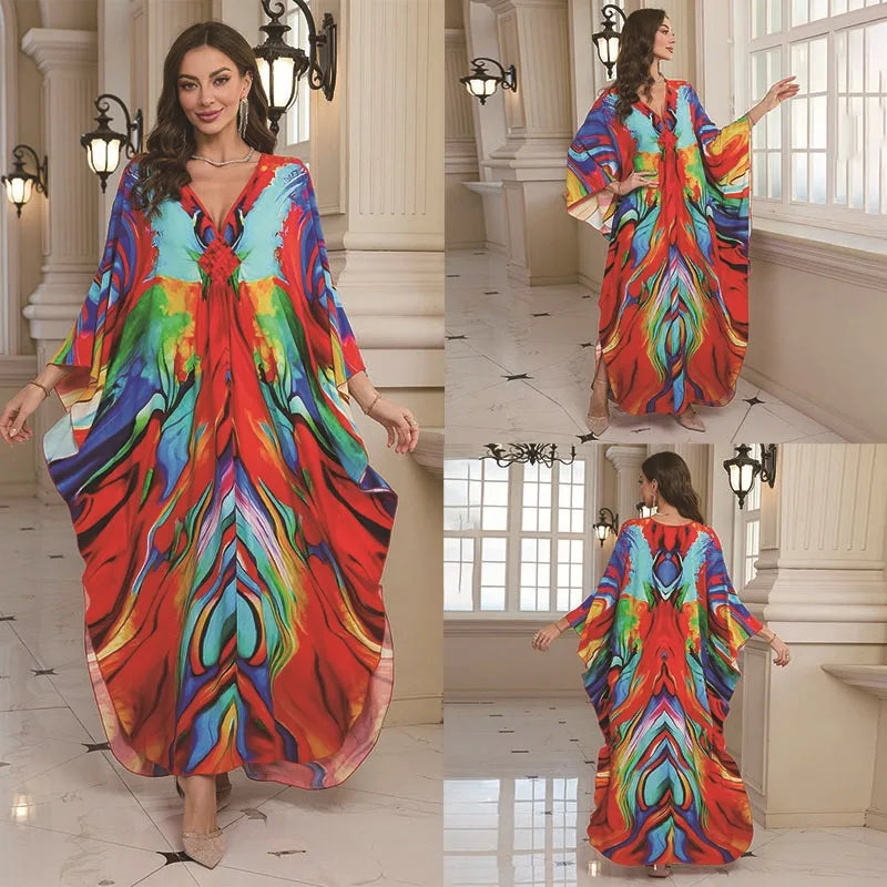 Kaftan Dresses for Women Wave Neck Swimsuit Cover Up Caftan Dress Plus Size Oversized Long Beach Dress - Matrix Studios