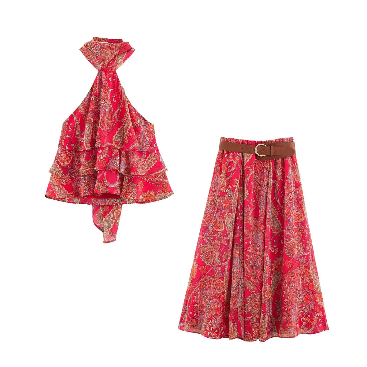 BSAY Summer Bohemian Women Bow Halter Neck Sleeveless Top High‑Waist Flowy Long Skirt With Belt Holiday 2‑Piece Matching Outfit - Matrix-studios.com