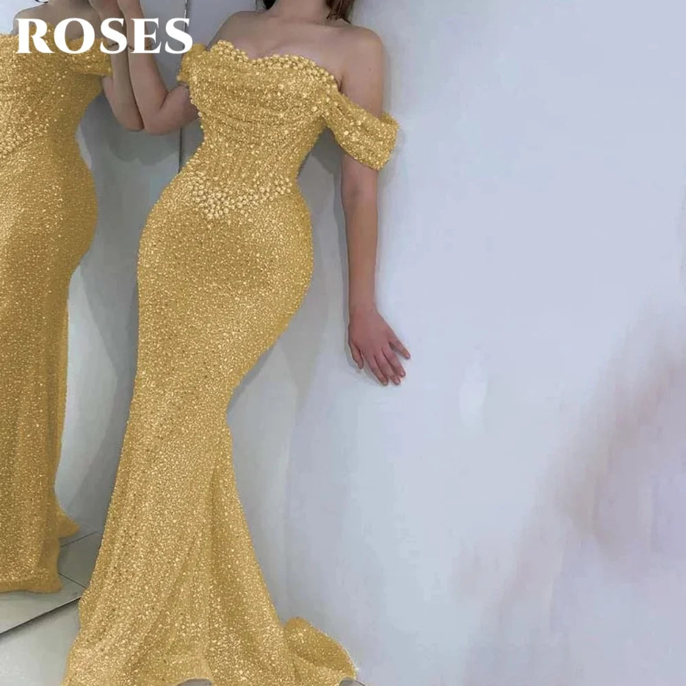 ROSES Pearl Gorgeous Prom Dress Sweetheart Off the Shoulder Hollow Prom Gown with Fishbone Shiny Sequins Formal Gown Customized - Matrix-studios.com