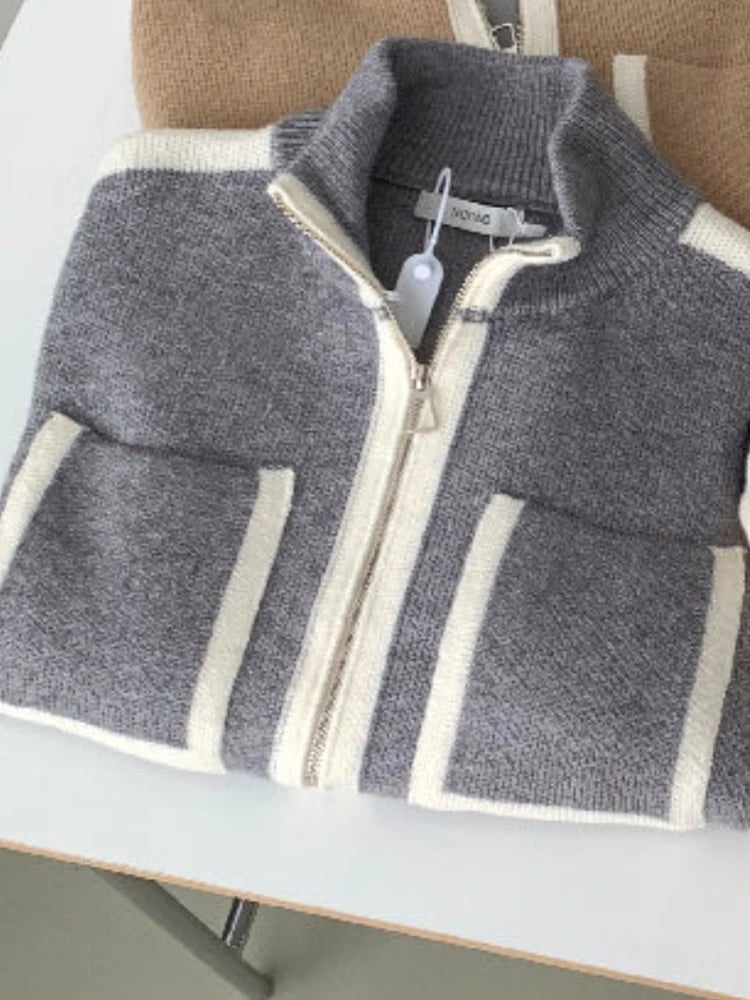 Y2k Elegant Casual Knitted Chic Jumpers Double Zipper Pockets Tender Cardigans Women Sweet Loose Stand Neck Sweaters Japanese - Matrix Studios