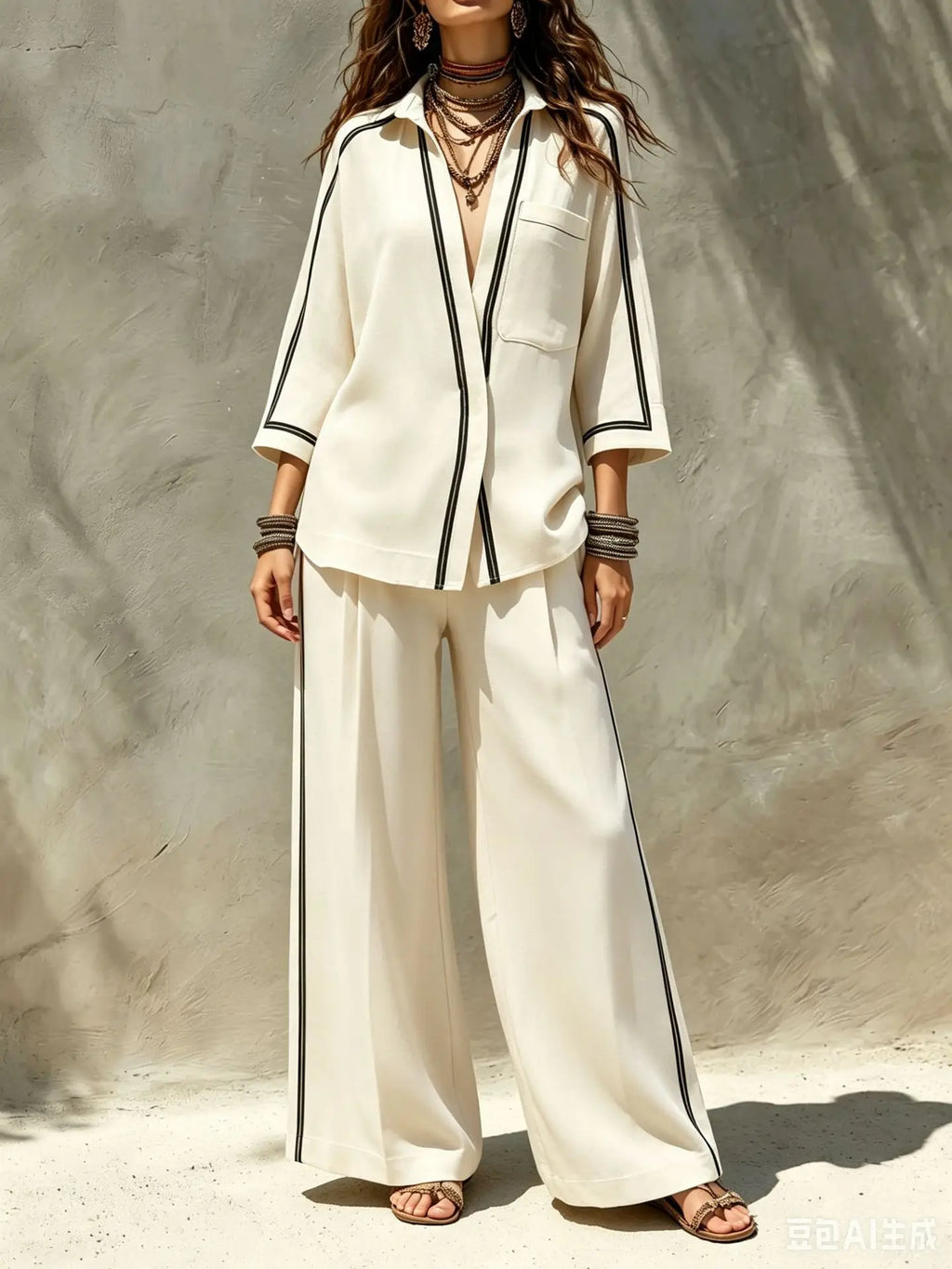 Women 2 Piece Set Contrast Black Piping 3/4 Sleeve Lapel V‑Neck Loose Shirt High Waist Wide Leg Pants Elegant Casual Office Suit - Matrix-studios.com