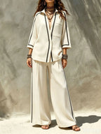 Women 2 Piece Set Contrast Black Piping 3/4 Sleeve Lapel V‑Neck Loose Shirt High Waist Wide Leg Pants Elegant Casual Office Suit - Matrix-studios.com