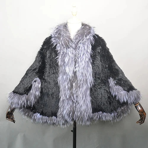 New Real Genuine Natural Knitted Rabbit Fur Shawl Coat With Fox Fur Collar Women's Fashion Knit Jacket Cape - Matrix Studios