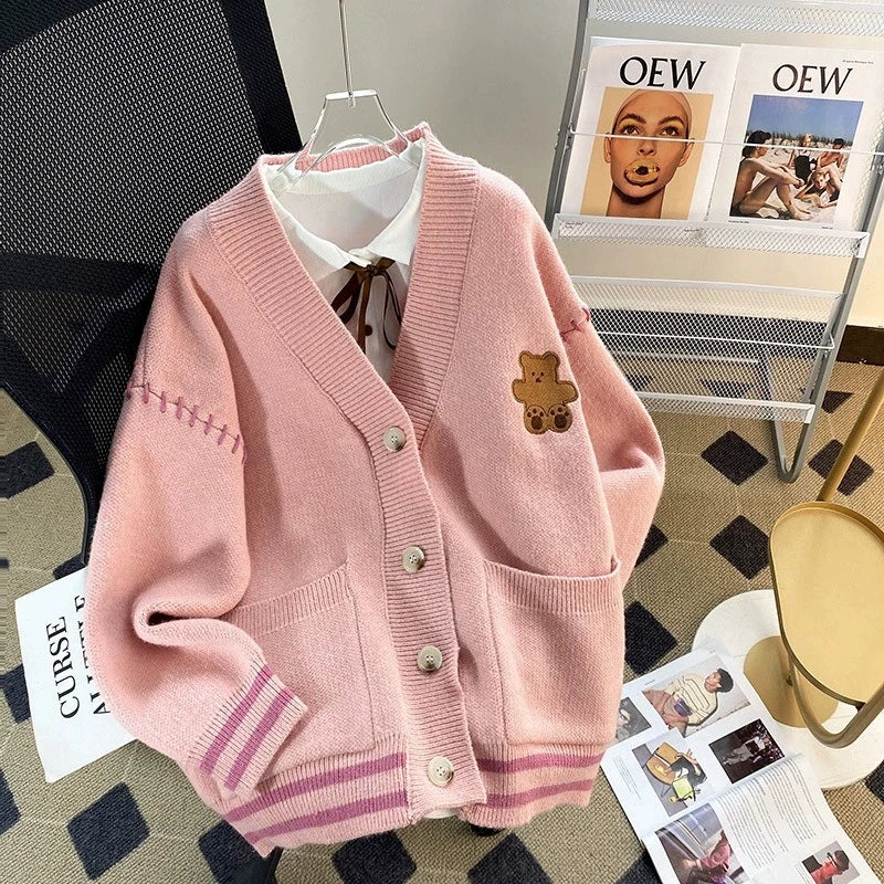 College Style Cute Cartoon Embroidery Cardigans Women Korean Stringing Fashion Sweater Jacket Japanese Style Kawaii Knitted Tops - Matrix Studios