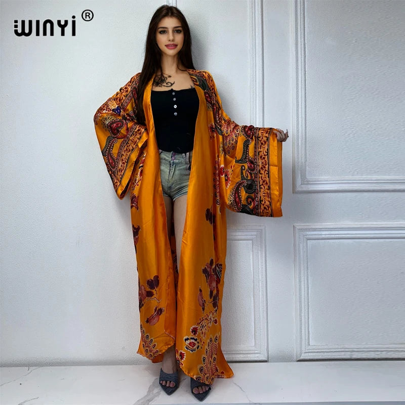 WINYI 2022 africa Boho Printed Long Kimono Dress Bikini Wrap Cover-ups Women Summer Clothes Beach Wear Swim Suit Cover Up kaftan - Matrix Studios