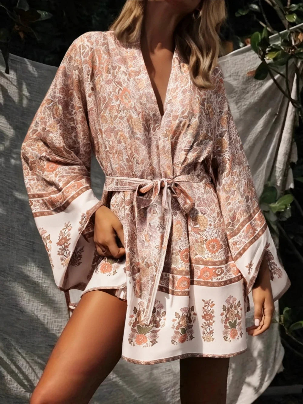 Multi Floral Print Sashes Kimono Women V Neck Batwing Sleeves Happie Bohemian Short Robe  Beach Boho Bikini Cover-ups - Matrix Studios