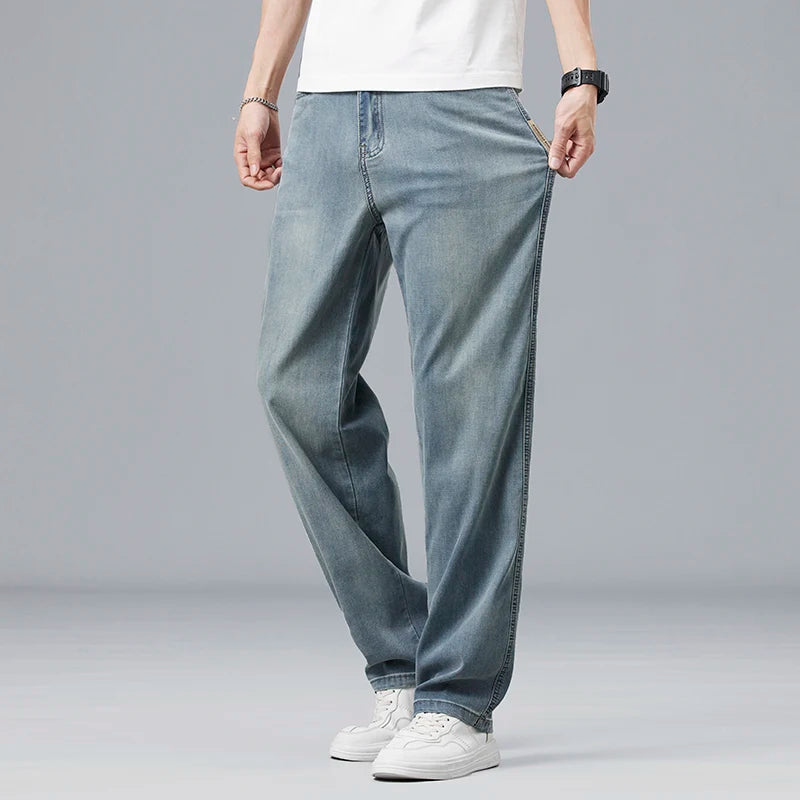 Summer Ultra-thin Lyocell Men's Jeans Drape Soft Fabric Loose Straight Casual Denim Pants Elastic Ice Silk Male Trousers - Matrix Studios