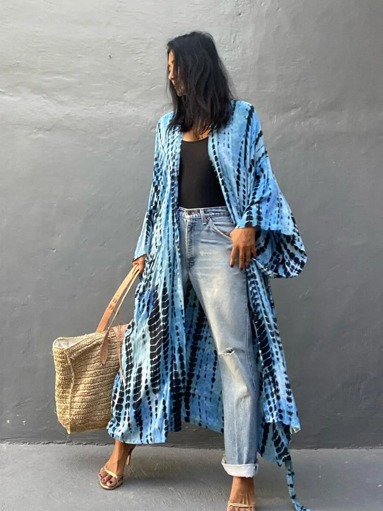 Bikini Cover Up Tie Dye Printed Swimsuit Cape Pareo Bohemian Beach Kimono Dresses Self Belted Bathing Suits Dropshipping - Matrix Studios