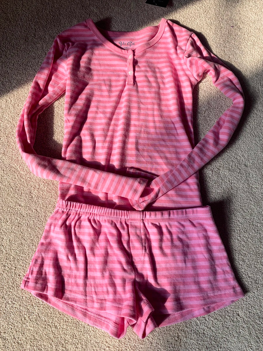 Pink Striped Long Sleeve T-shirt Shorts Set Woman Buttons Slim Tees+Elastic Straight Short Pant Cotton Home Pajama 2 Piece Sets - Matrix-studios.com