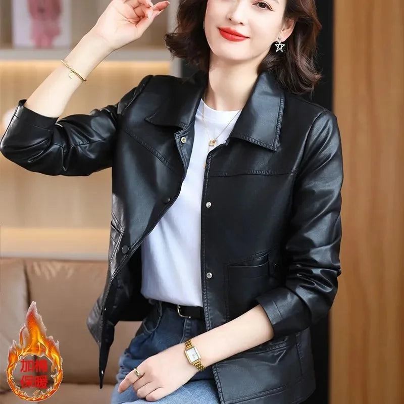 PU Leather Coat Short Female Young Style Autumn Winter New Western-Style Leather Casual Jacket Thicken Versatile Thin Fur Women - Matrix Studios