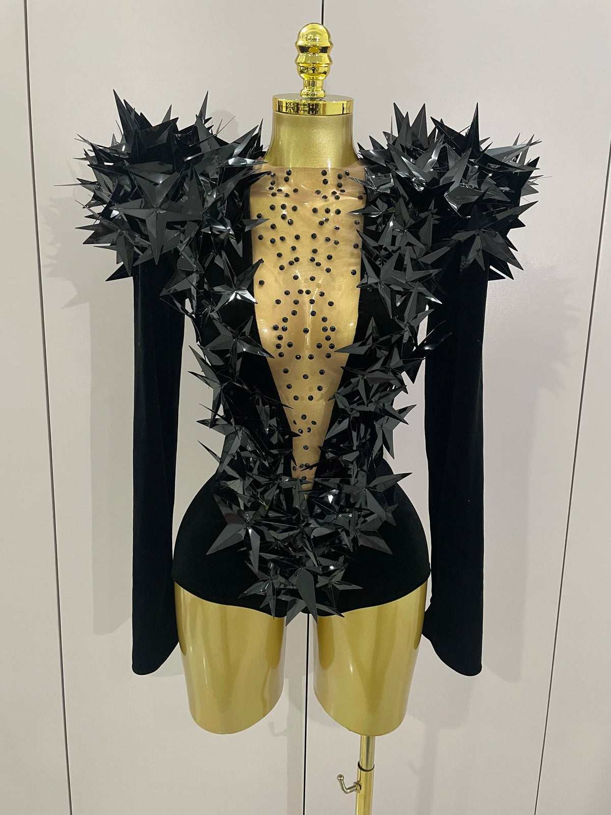 2025 New Shiny Black Rhinestone Velvet Long Sleeve Bodysuit Women Evening Party Club Gala Hosts NightClub Bar Stage Costumes - Matrix Studios