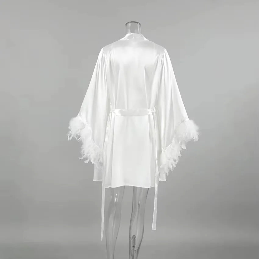 Wedding Bride Robe Morning Gown Elegant Feather Female Kimono Bathrobe Gown Sexy Rayon Summer New Sleepwear Nightwear Lingerie - Matrix-studios.com