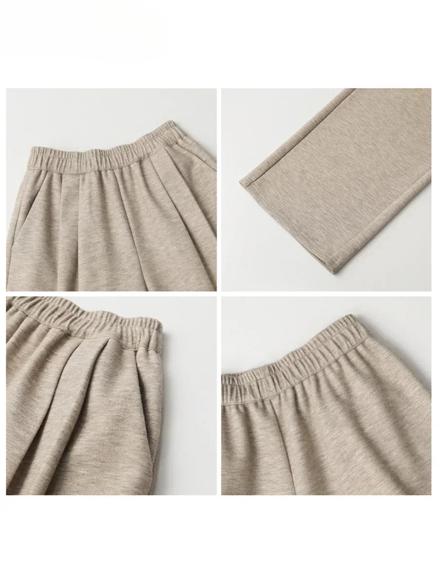 CHIC VEN Women Pants New High Waisted Pleated Casual Soft Wide Leg Pant Female Thicken Trousers Sport Solid Plush Winter 2024