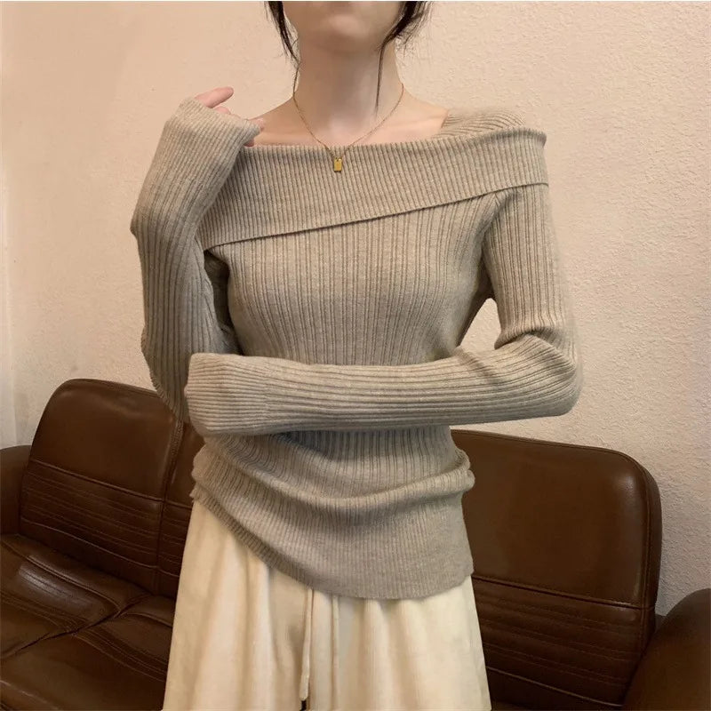 Solid Sexy Slim Off Shoulder Slash Neck Long Sleeve Knitting Sweater Women Jumpers Office Fashion New - Matrix Studios