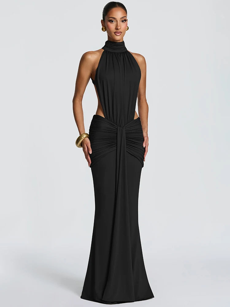 Mozision Turtleneck Backless Sexy Maxi Dress Women Gown Elegant Off-shoulder Sleeveless Ruched Bodycon Club Party Long Dress - Matrix-studios.com