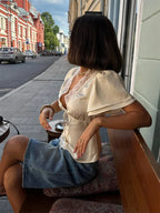 Tossy Lace Summer V-Neck T-shirt Top For Women Lace-Up Hollow Out Short Sleeve Printed Cropped Top Pullover Female Bandage Tee - Matrix-studios.com
