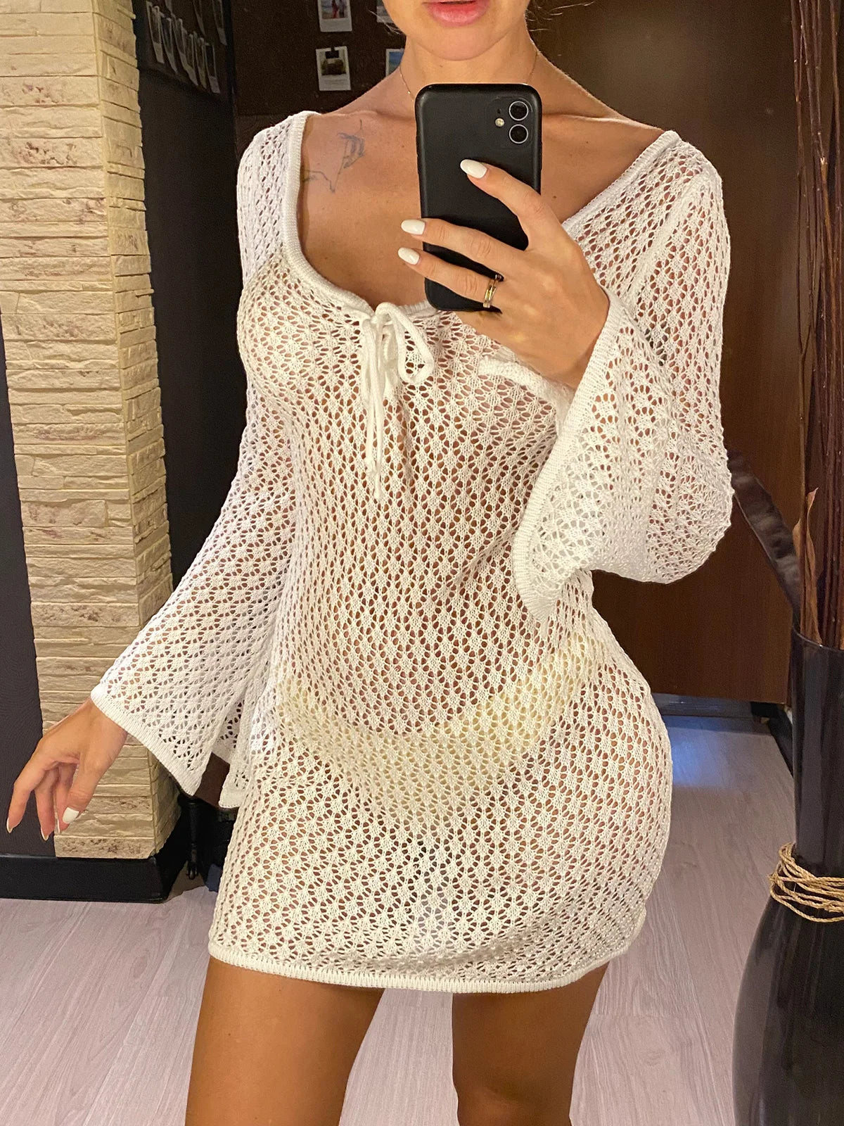 V Neck Long Sleeve Hollow Out Crochet Knitted Tunic Beach Cover Up Cover-ups Beach Dress Beach Wear Beachwear Female Women V6081 - Matrix Studios